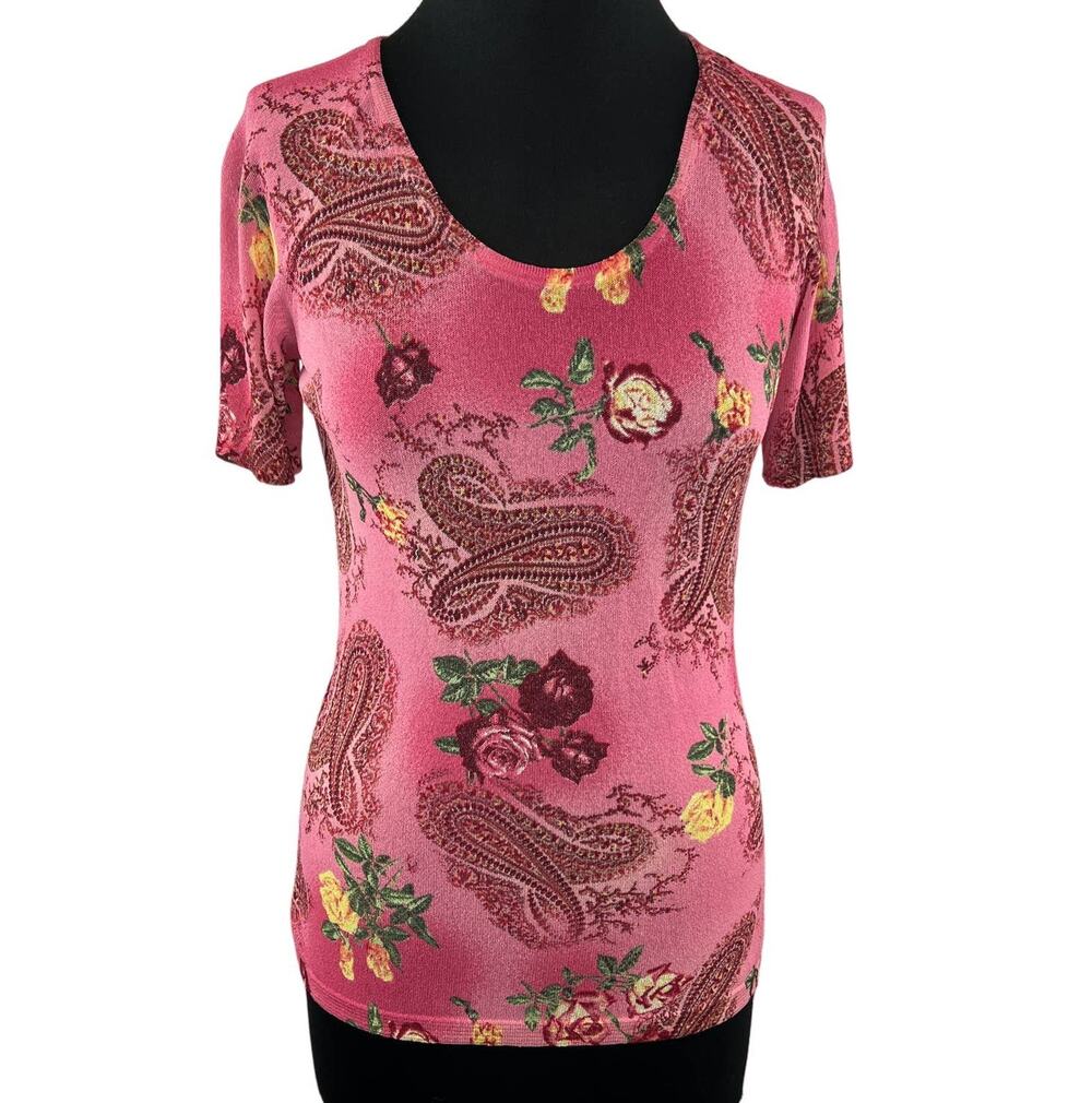 ESCADA Pink Floral Paisley Viscose Knit Scoop Neck Short Sleeve Top Blouse 36 S